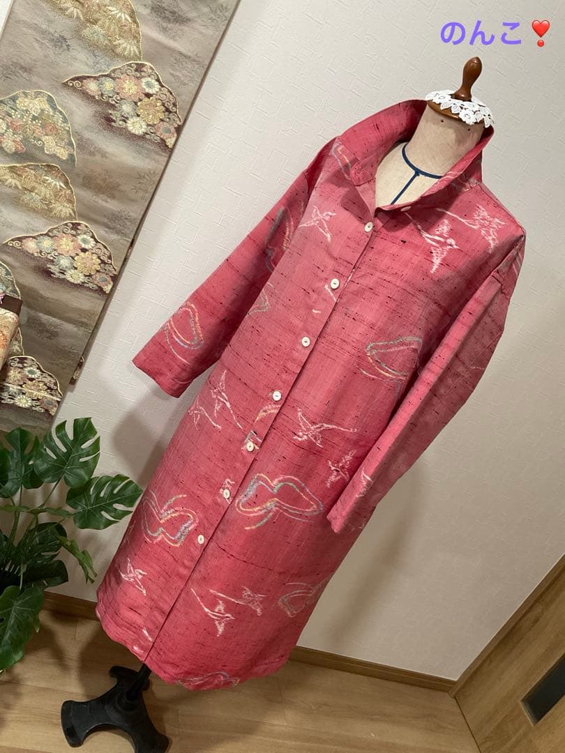 着物リメイク❣️ぴんくの紬からシャツカラーコート❣️