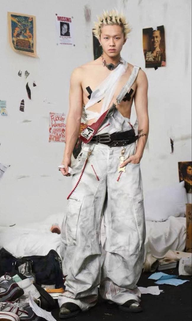 EMOBROTHER オーバーオール 取り外し可能　ホワイトカーゴパンツ