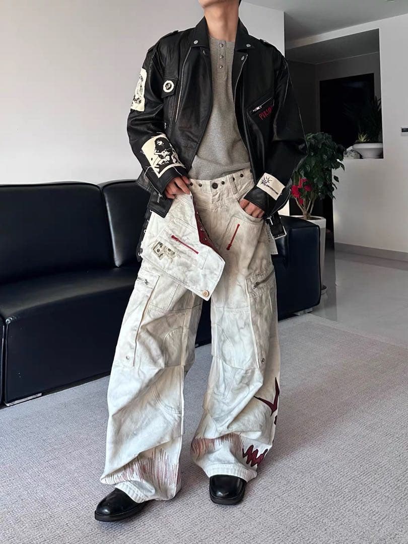 EMOBROTHER オーバーオール 取り外し可能　ホワイトカーゴパンツ