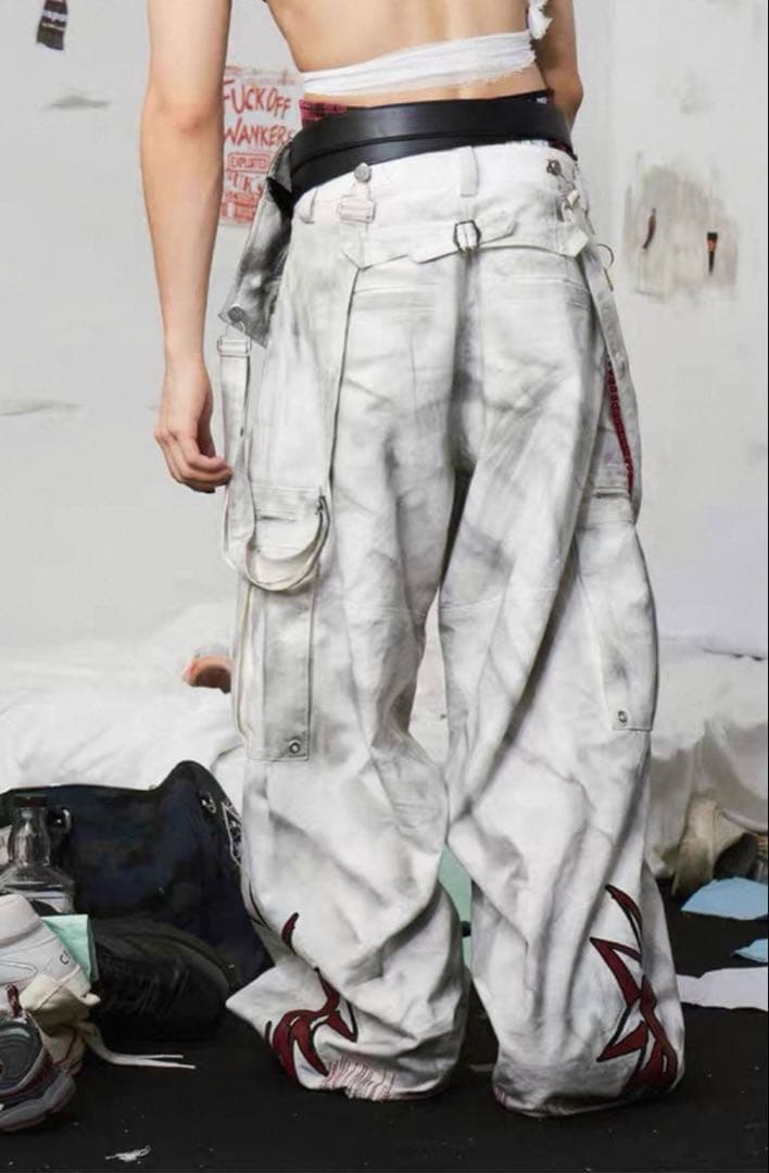 EMOBROTHER オーバーオール 取り外し可能　ホワイトカーゴパンツ