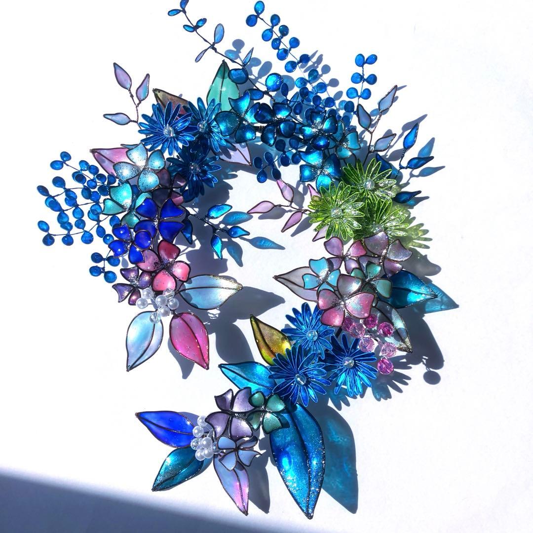 フラワーリース　ワイヤークラフト　ディップアート　青ボタニカルリース　アート
