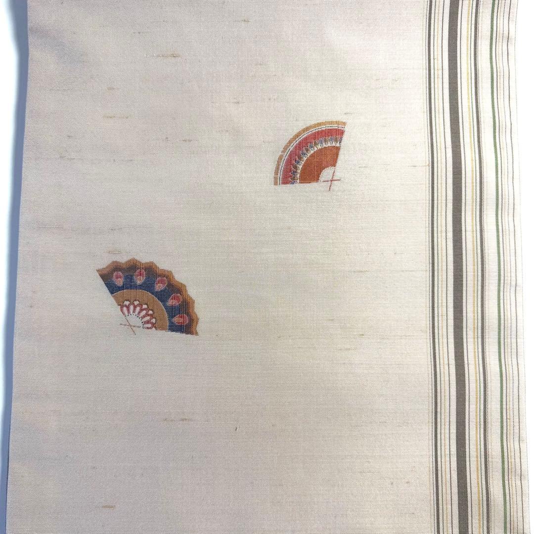 5k3071 名古屋帯　絹　紬　西陣織　高垣織物謹製　菱屋六右衛門　扇子　柄物