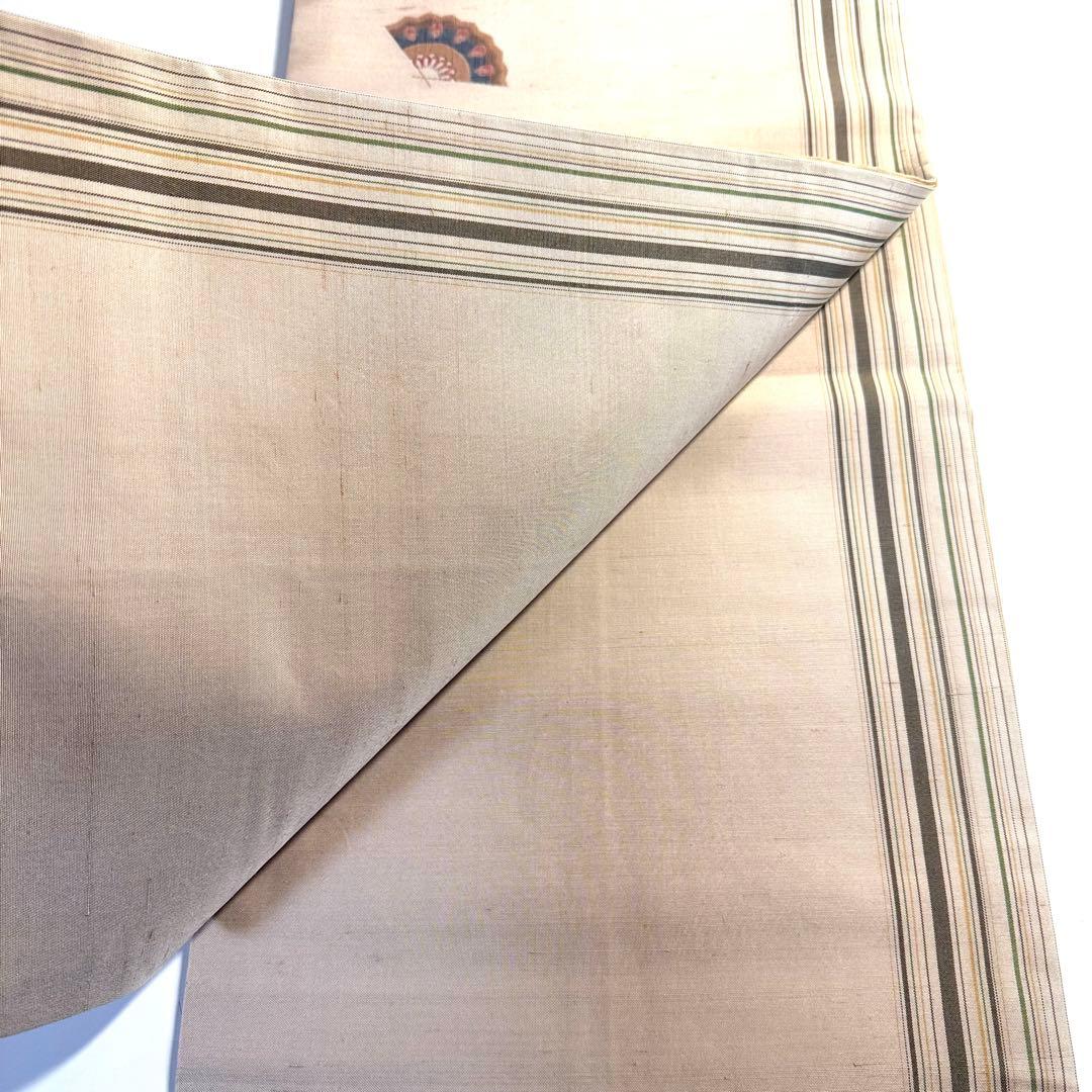 5k3071 名古屋帯　絹　紬　西陣織　高垣織物謹製　菱屋六右衛門　扇子　柄物