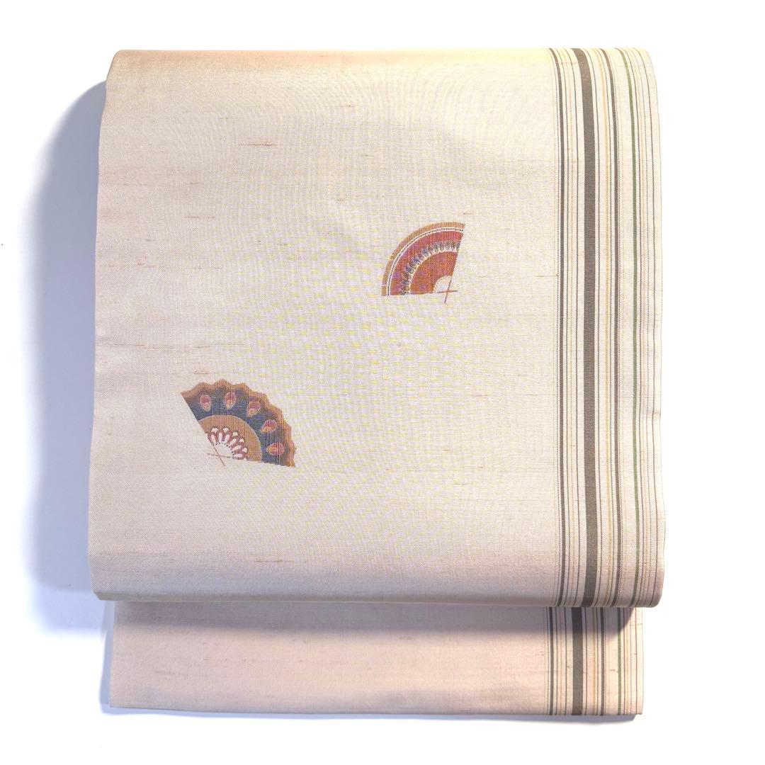 5k3071 名古屋帯　絹　紬　西陣織　高垣織物謹製　菱屋六右衛門　扇子　柄物