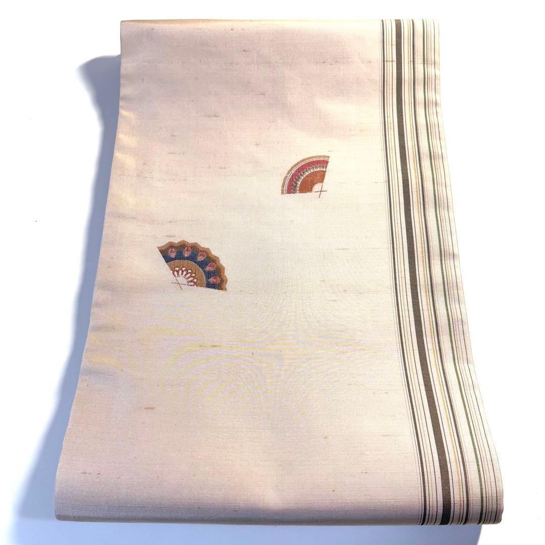 5k3071 名古屋帯　絹　紬　西陣織　高垣織物謹製　菱屋六右衛門　扇子　柄物