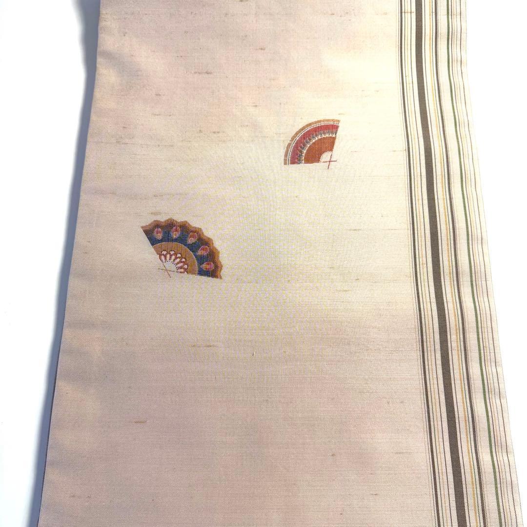 5k3071 名古屋帯　絹　紬　西陣織　高垣織物謹製　菱屋六右衛門　扇子　柄物