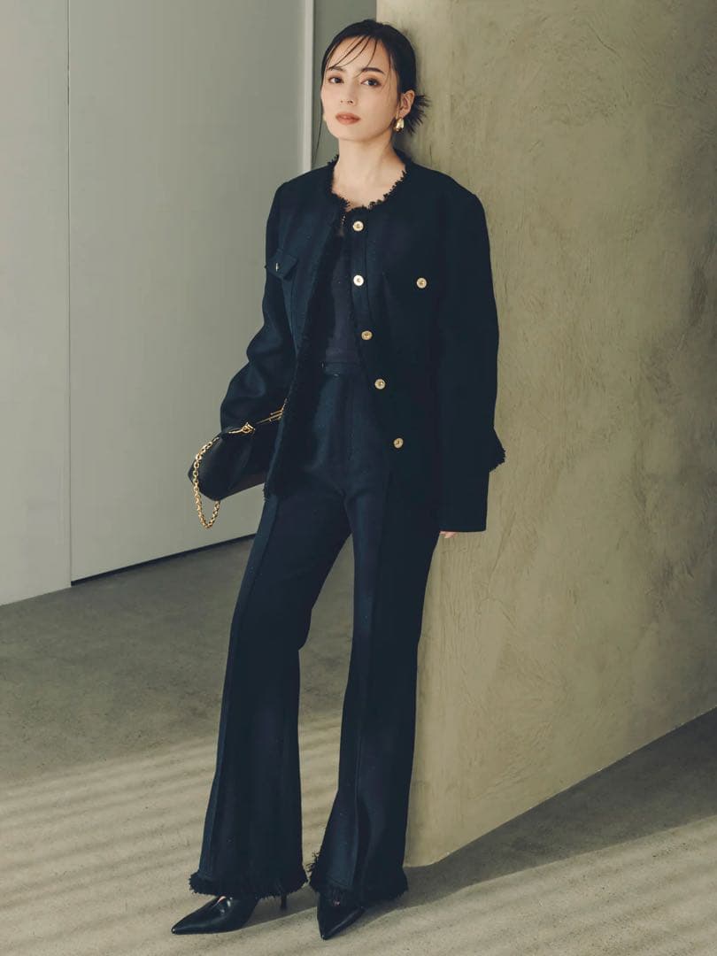 anuans ツイードノーカラーフォルムジャケット　ネイビー