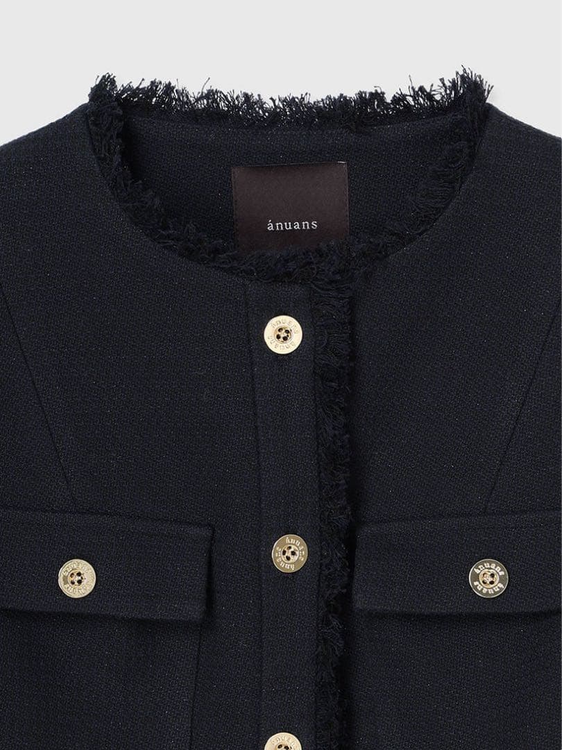 anuans ツイードノーカラーフォルムジャケット　ネイビー