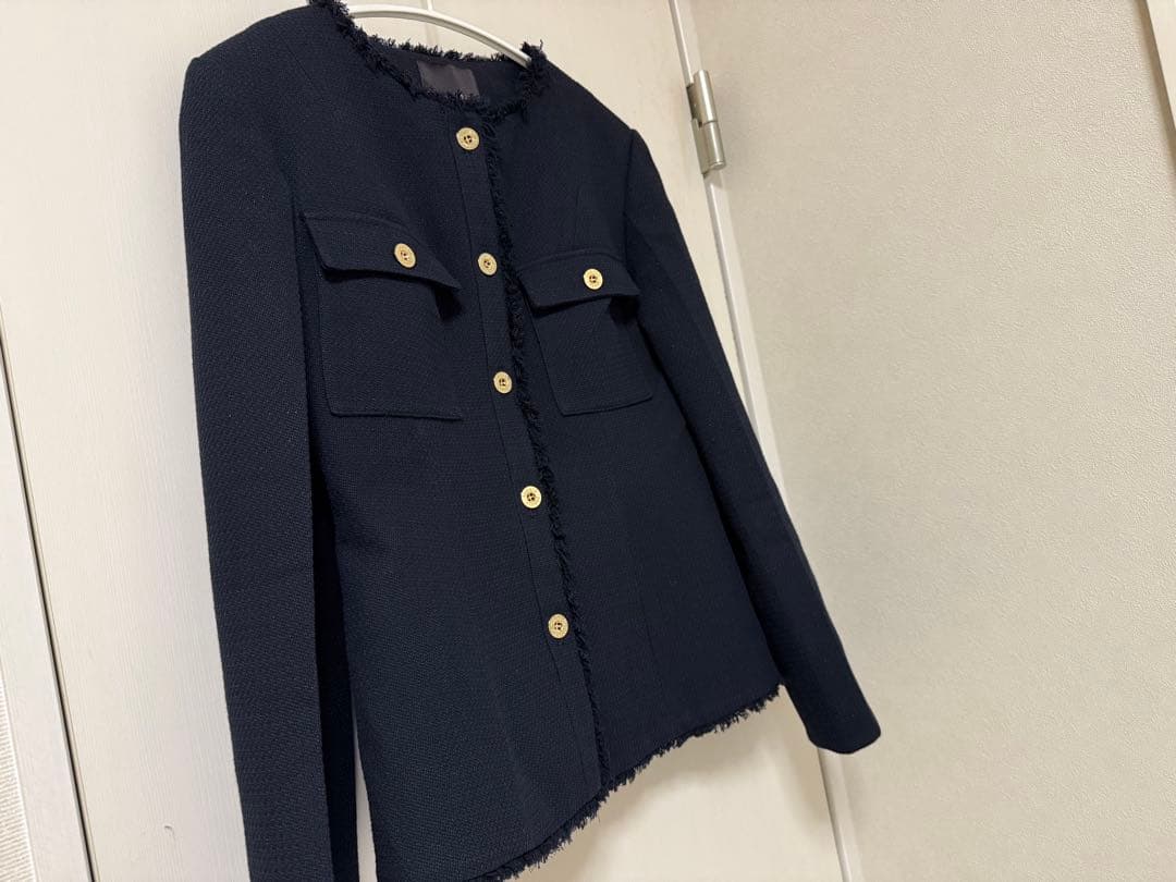 anuans ツイードノーカラーフォルムジャケット　ネイビー