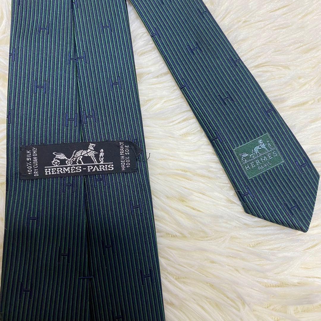 HERMES ファソネ H柄 シルクネクタイ グリーン系　エルメス　希少 ロゴ