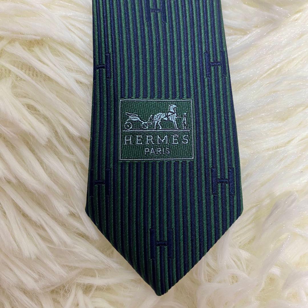 HERMES ファソネ H柄 シルクネクタイ グリーン系　エルメス　希少 ロゴ