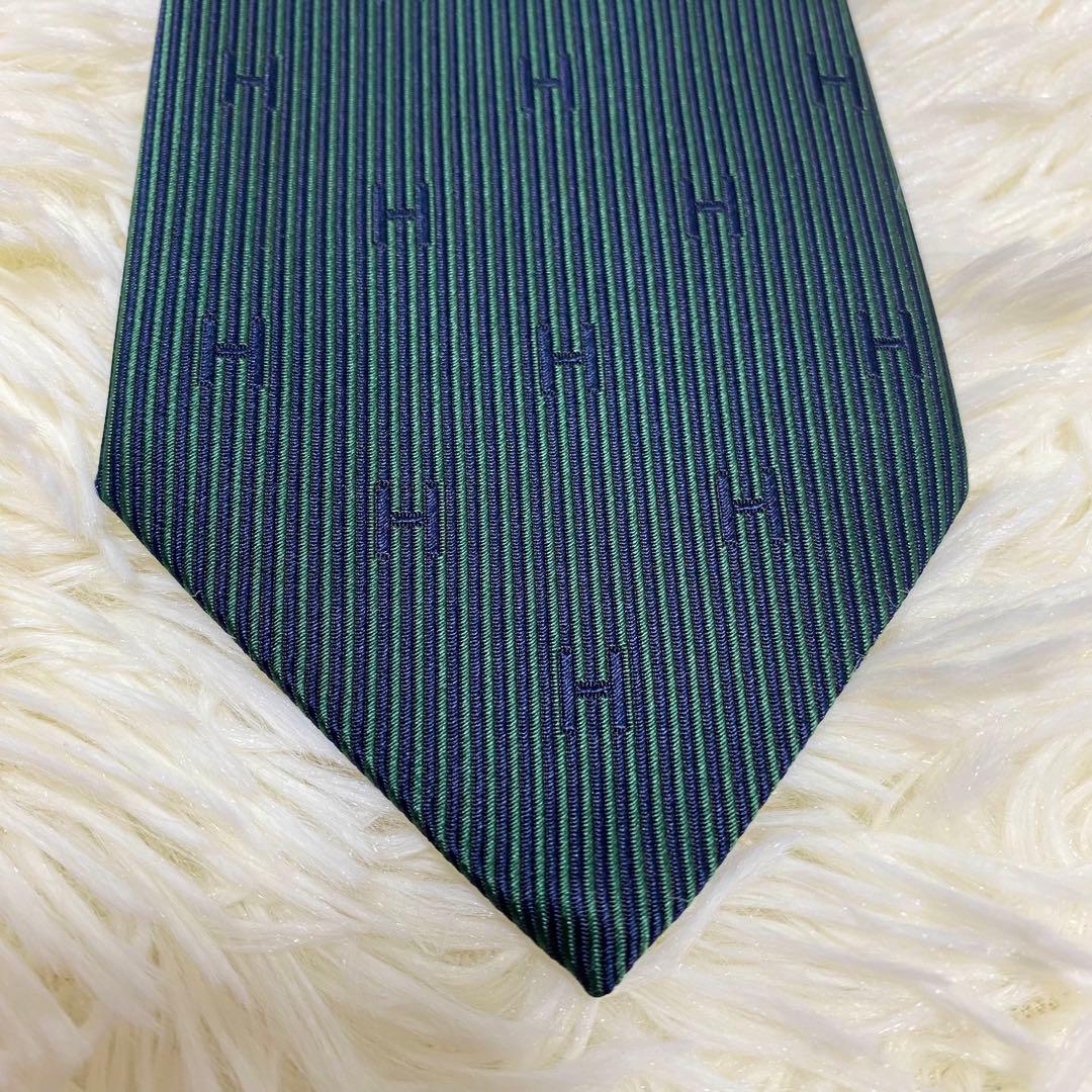 HERMES ファソネ H柄 シルクネクタイ グリーン系　エルメス　希少 ロゴ