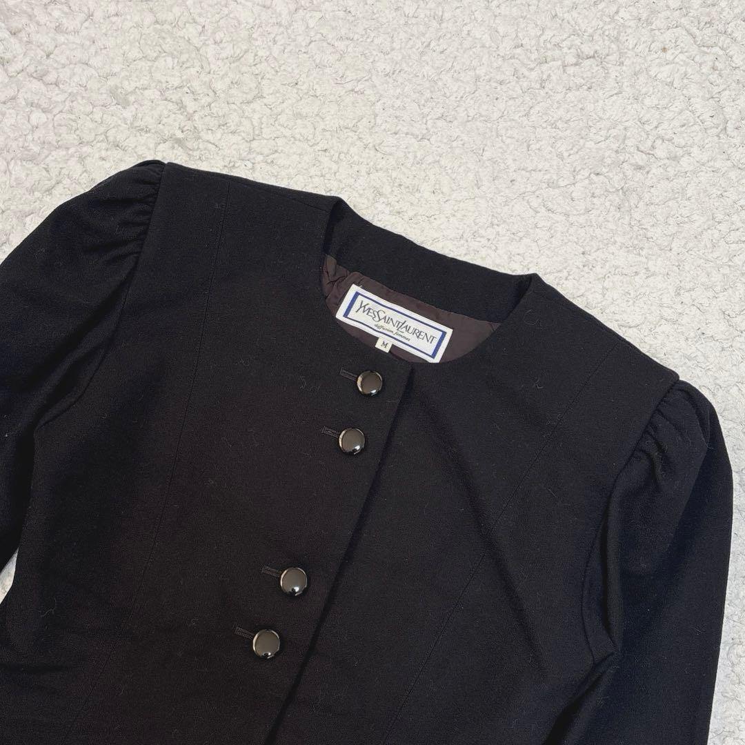 【希少】イヴサンローラン 毛100% ノーカラージャケット 肩パッド 後ろリボン