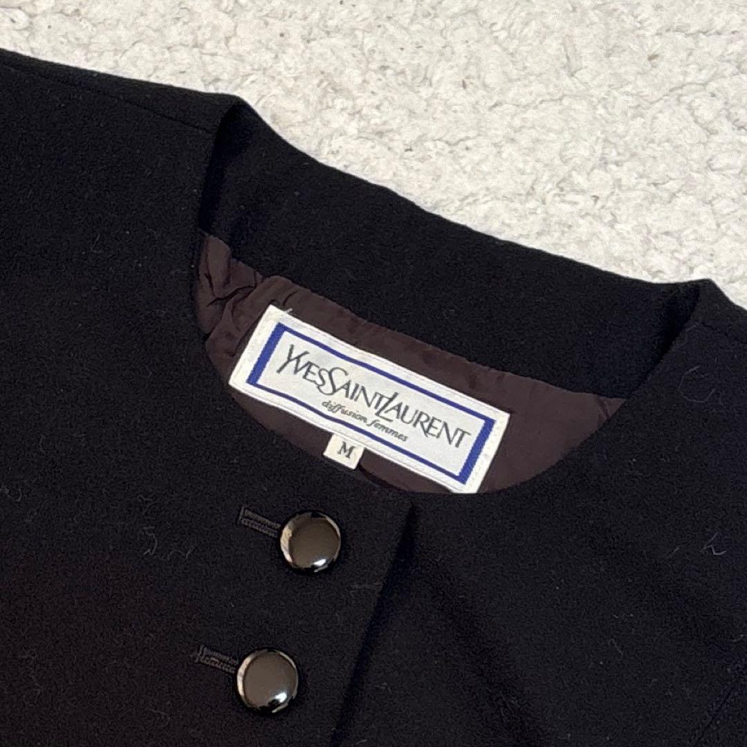 【希少】イヴサンローラン 毛100% ノーカラージャケット 肩パッド 後ろリボン