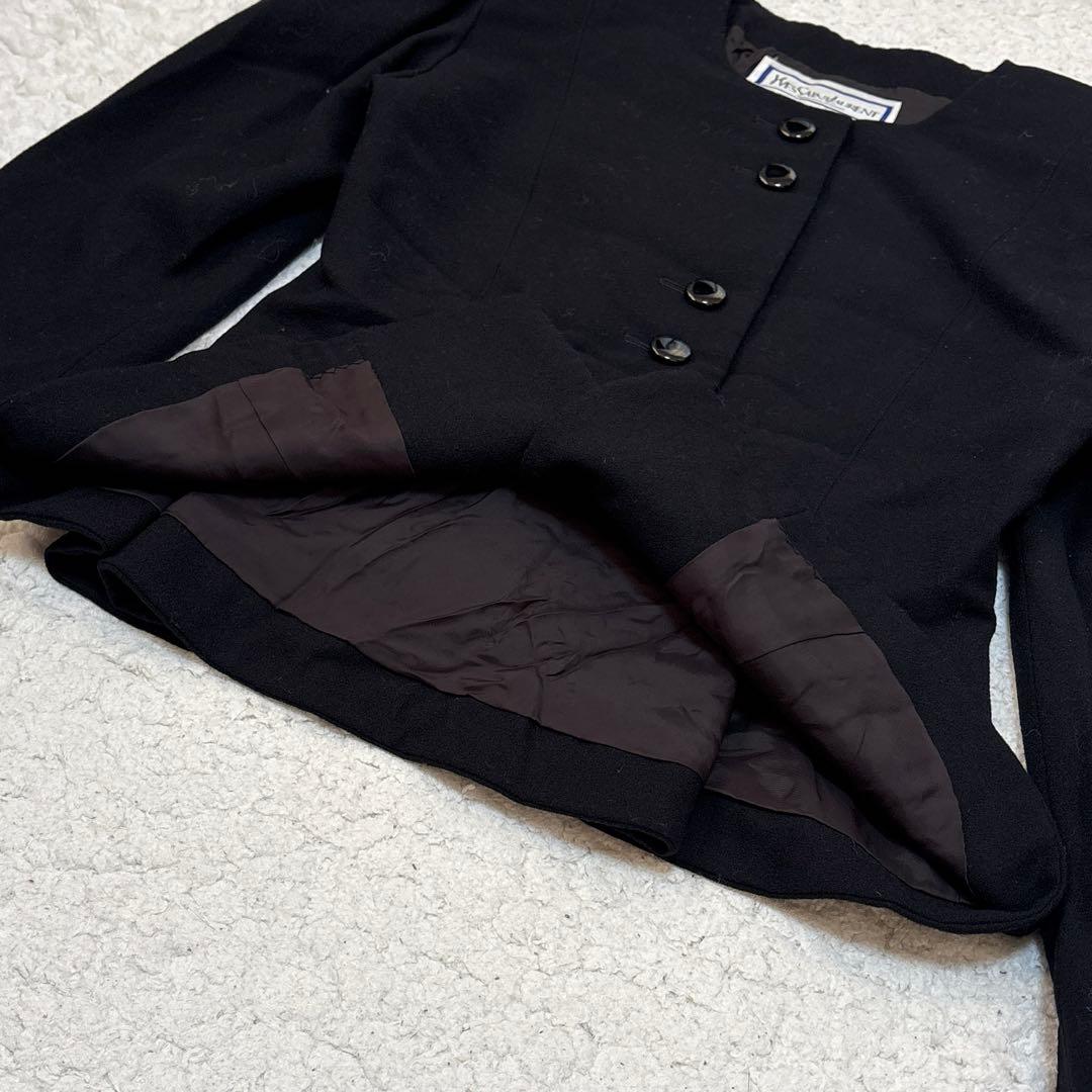 【希少】イヴサンローラン 毛100% ノーカラージャケット 肩パッド 後ろリボン