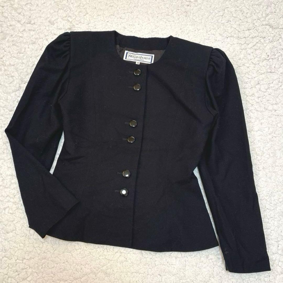 【希少】イヴサンローラン 毛100% ノーカラージャケット 肩パッド 後ろリボン