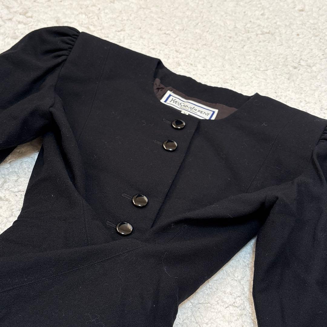 【希少】イヴサンローラン 毛100% ノーカラージャケット 肩パッド 後ろリボン