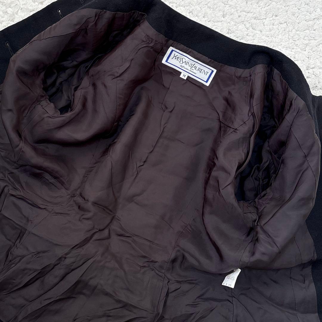 【希少】イヴサンローラン 毛100% ノーカラージャケット 肩パッド 後ろリボン