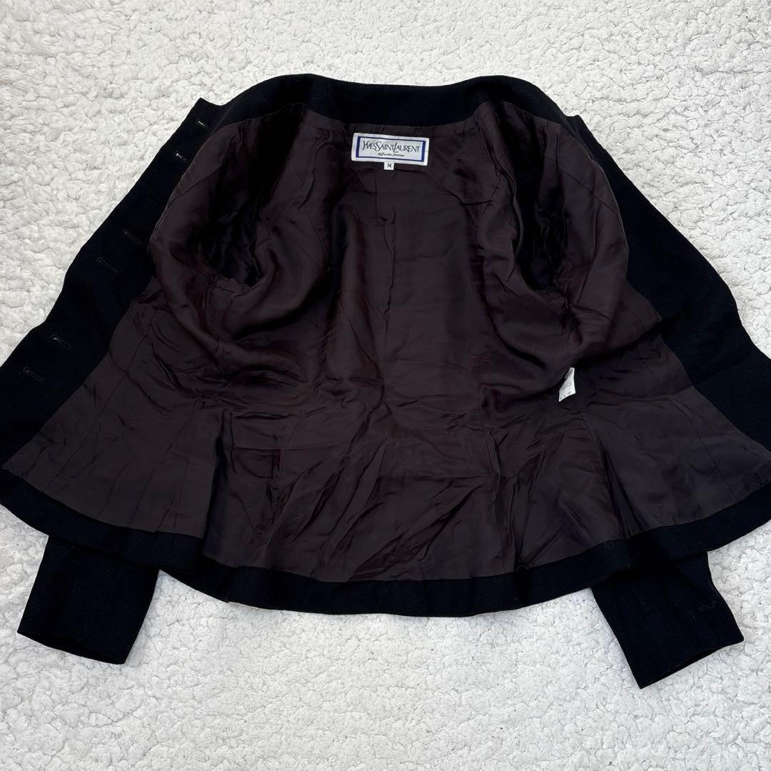 【希少】イヴサンローラン 毛100% ノーカラージャケット 肩パッド 後ろリボン