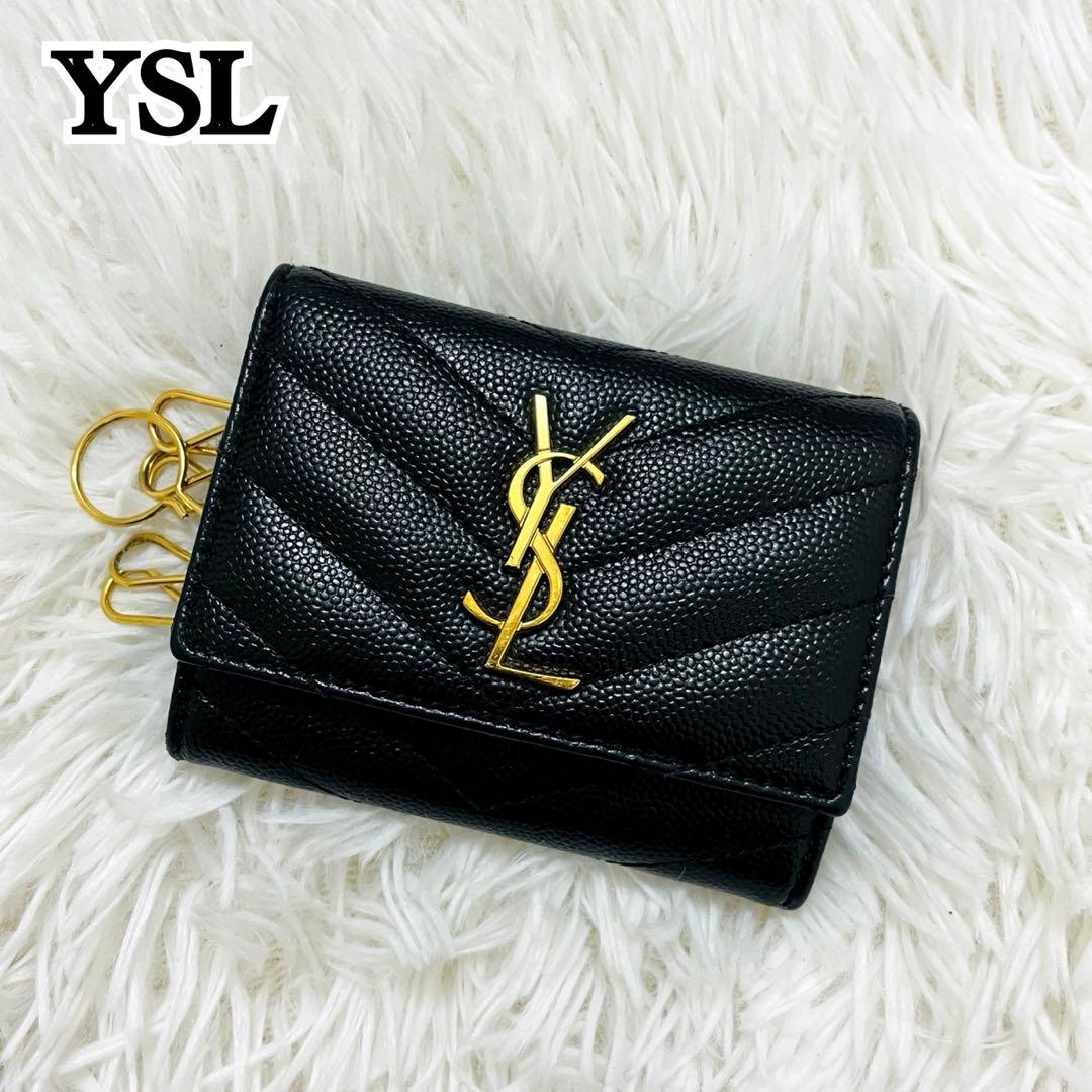 極美✨サンローラン キーケース 6連 キャビアスキン Vステッチ 黒