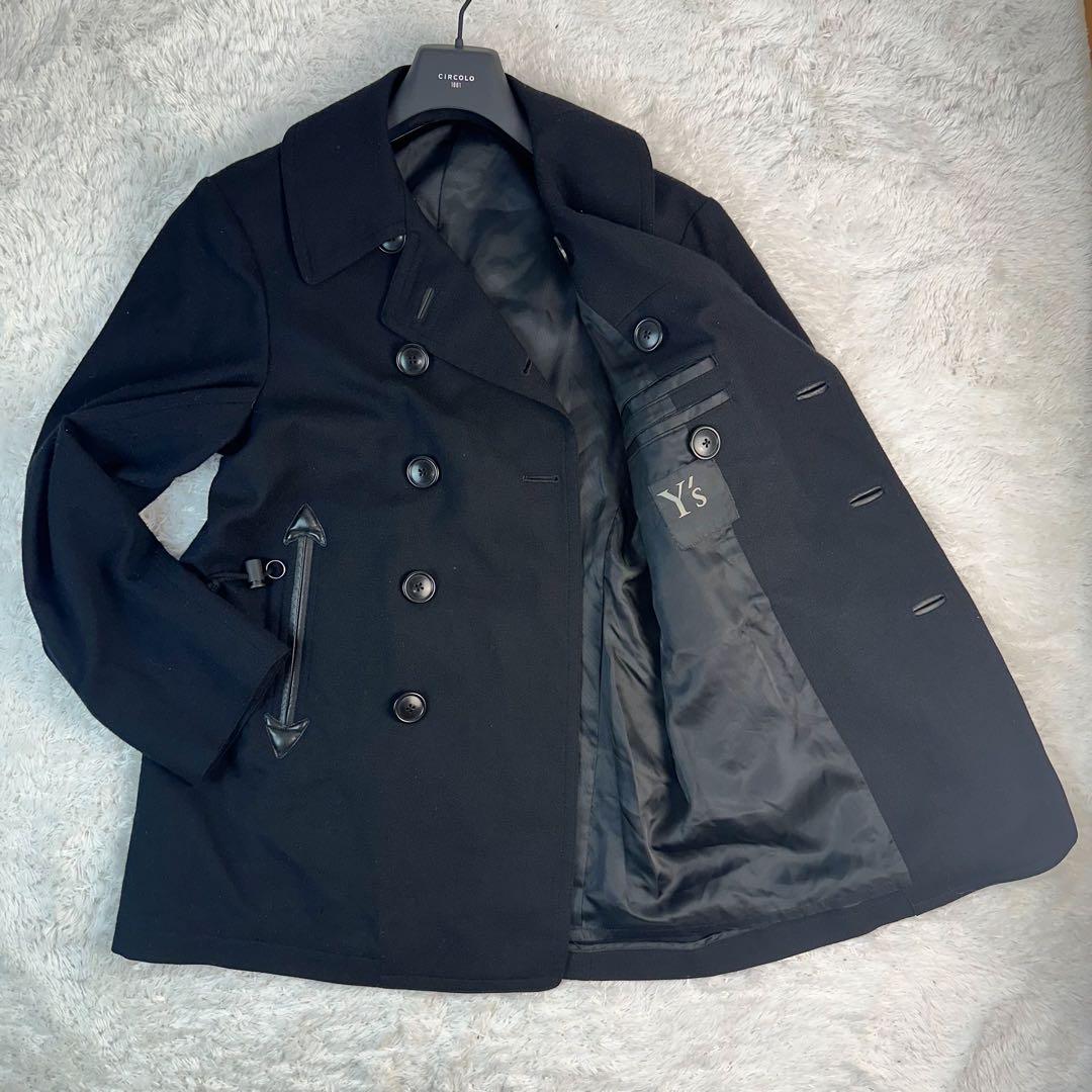 ワイズ　ヨウジヤマモト　Pコート　レザータグ　M 羊革　黒　ウール　チェスター