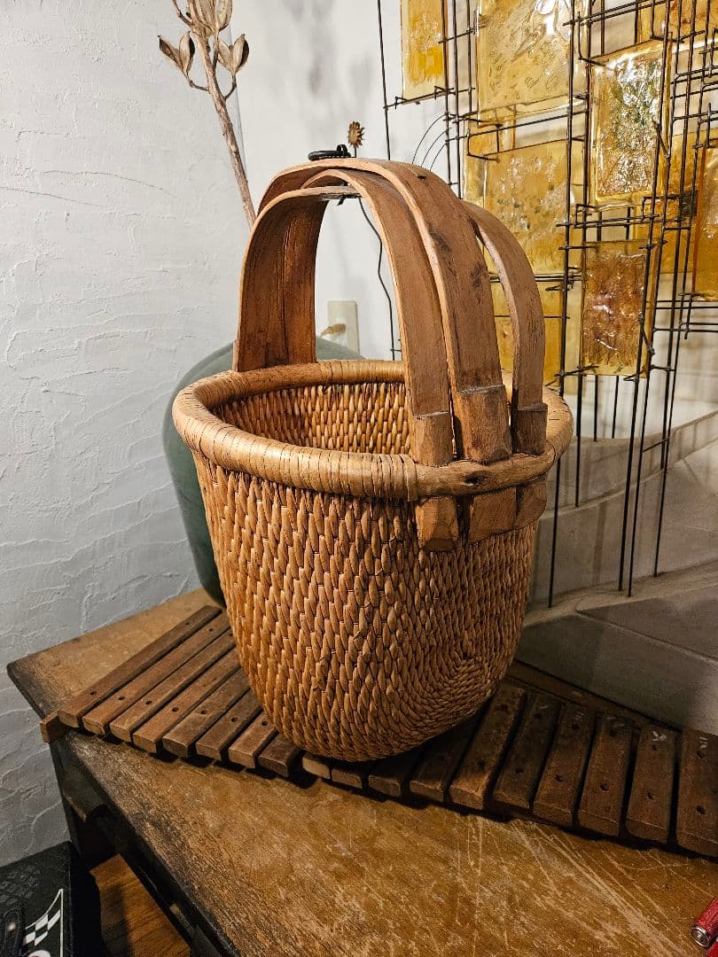 籐　竹　バスケット　かご　中国　柳籠　古民具　昭和レトロ　ヴィンテージ　アンティ