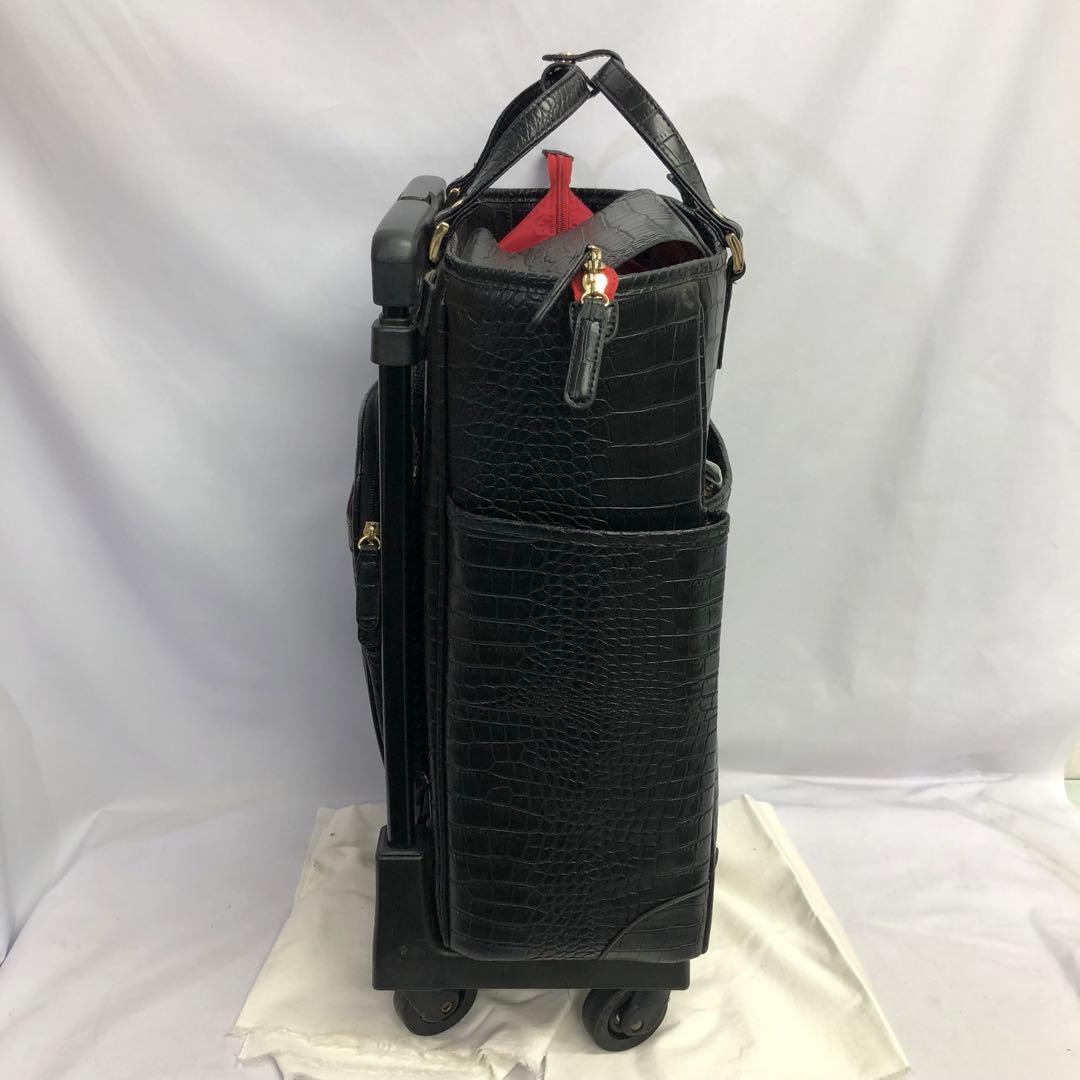 【359】SWANY クロコ型押し キャリーバッグ 黒 ストッパー付き 美品
