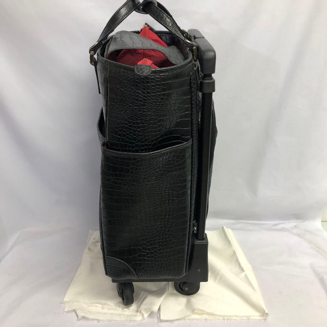 【359】SWANY クロコ型押し キャリーバッグ 黒 ストッパー付き 美品