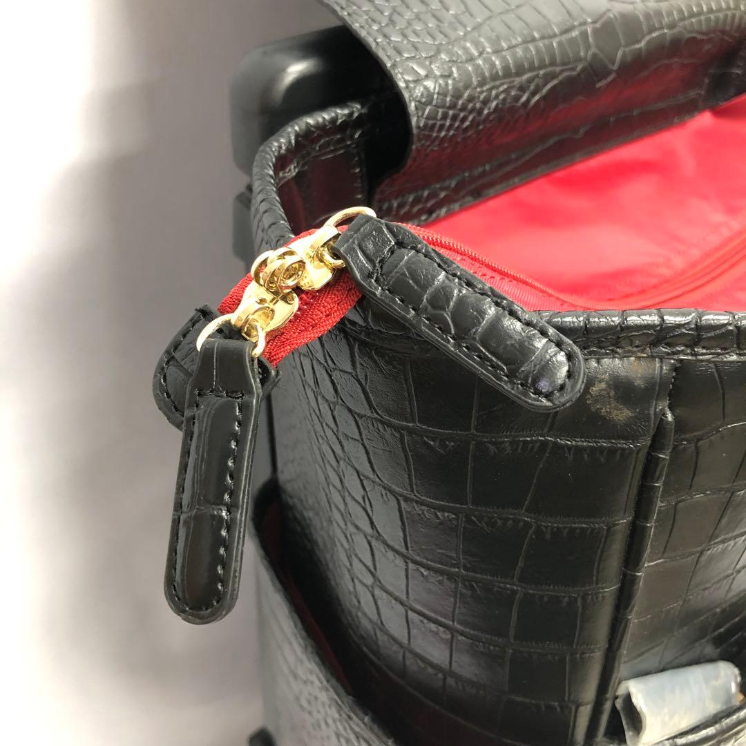 【359】SWANY クロコ型押し キャリーバッグ 黒 ストッパー付き 美品