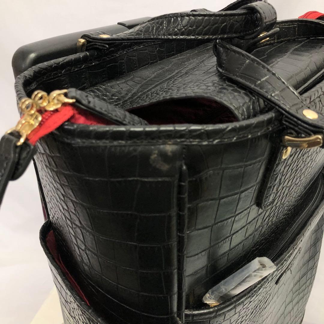 【359】SWANY クロコ型押し キャリーバッグ 黒 ストッパー付き 美品