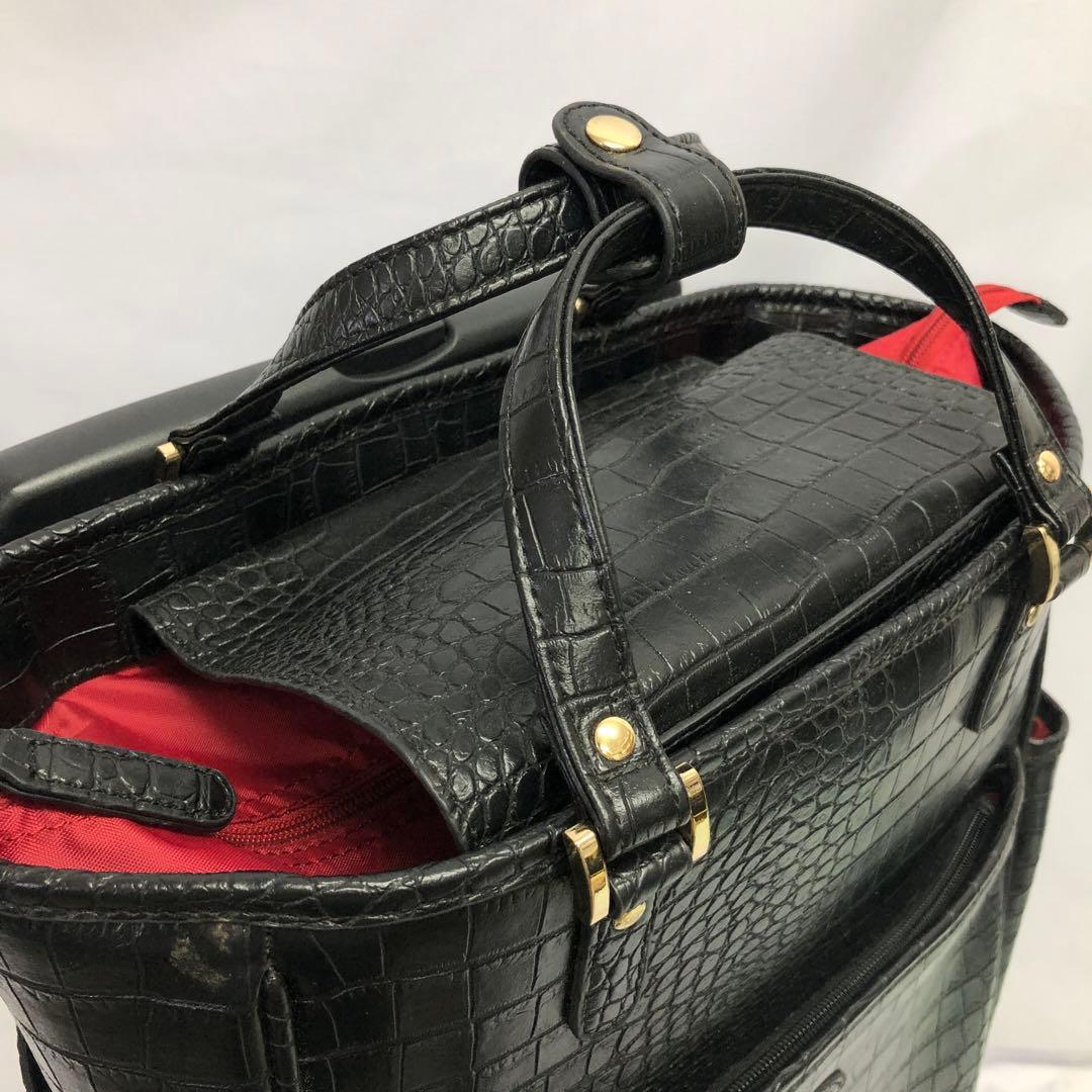 【359】SWANY クロコ型押し キャリーバッグ 黒 ストッパー付き 美品