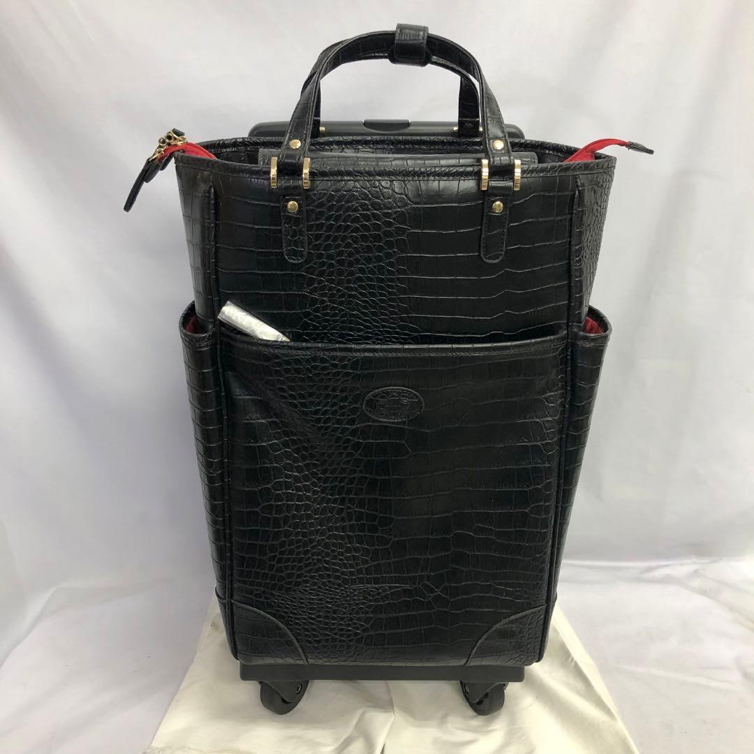 【359】SWANY クロコ型押し キャリーバッグ 黒 ストッパー付き 美品