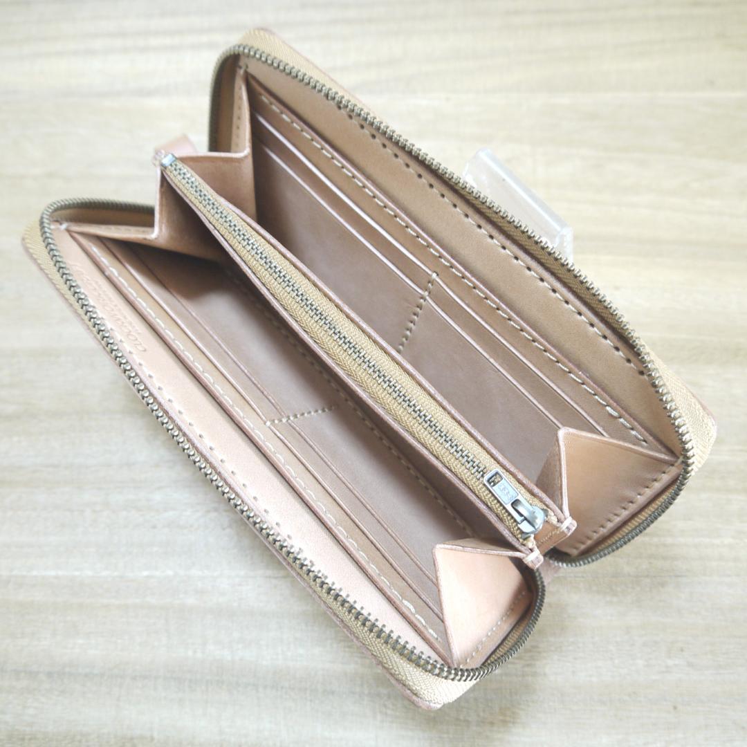 ヌメ革　栃木レザー　サドルレザー　ロングウォレット　ラウンドファスナー　生成り