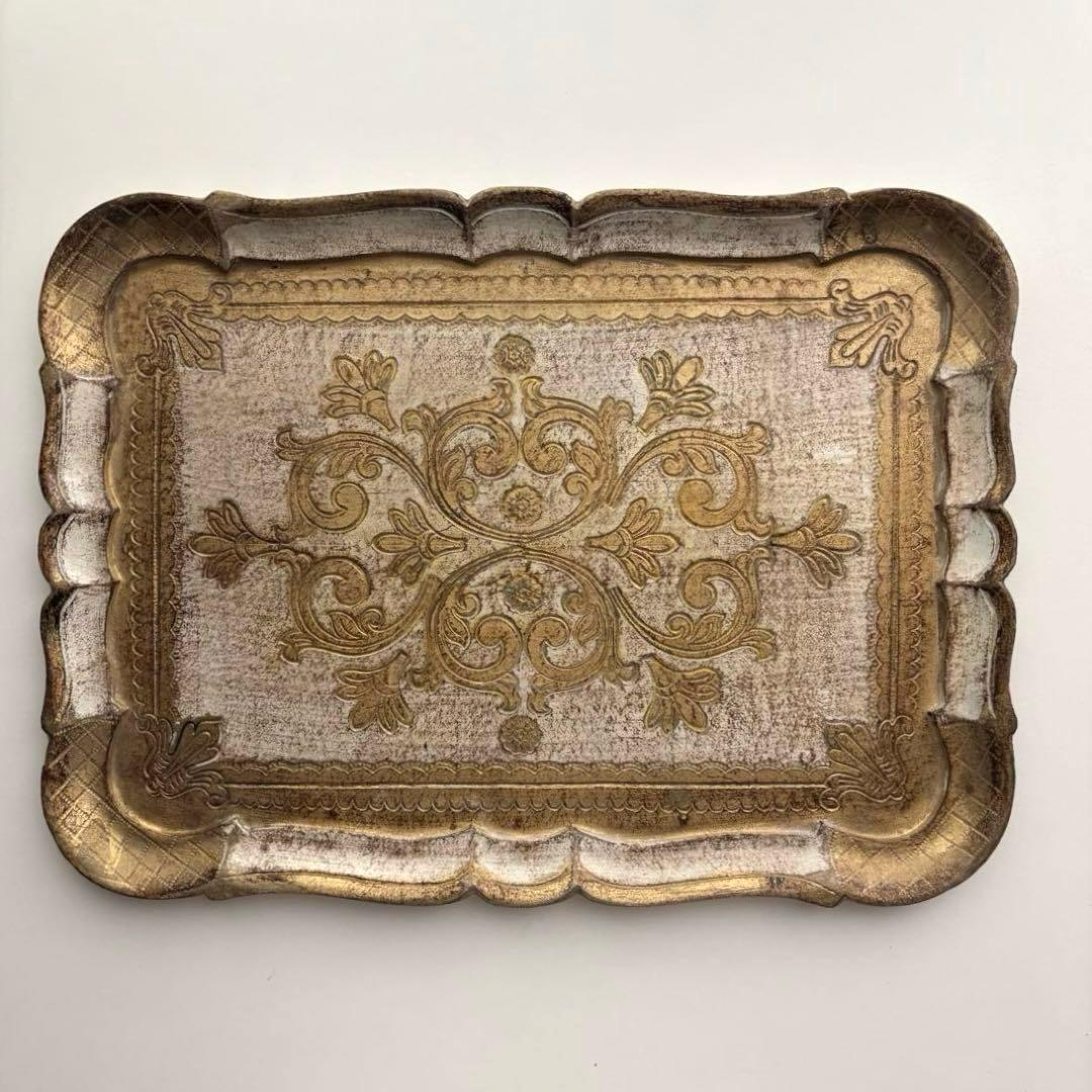 【ヴィクトリアン サービング トレイ】工芸品 金 イタリア ヴィンテージ 木製