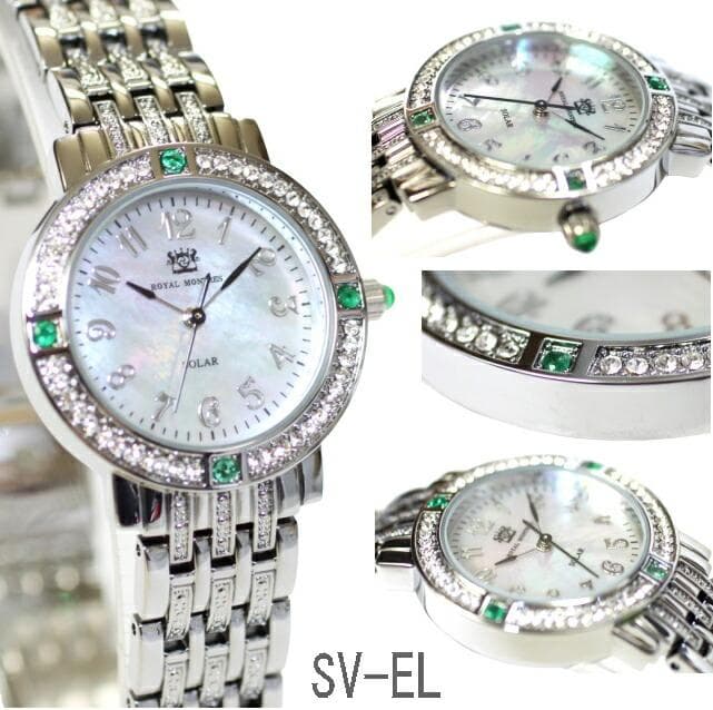 新品 ロイヤルモントレス ソーラー　エメラルド4石　レディース 腕時計 シルバー