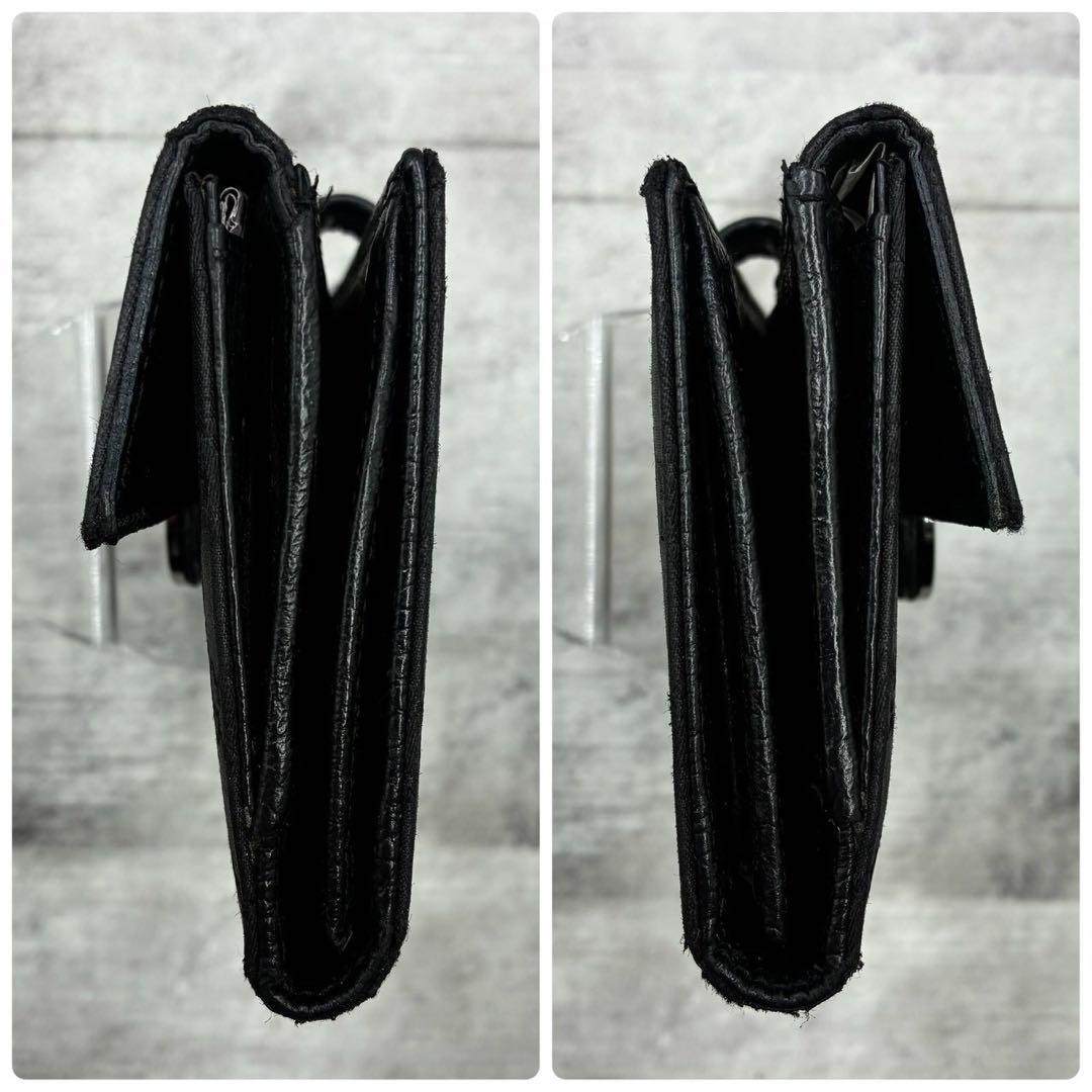 美品 グッチ GGキャンバス Wホック 長財布 折り財布 金具 型押し ブラック