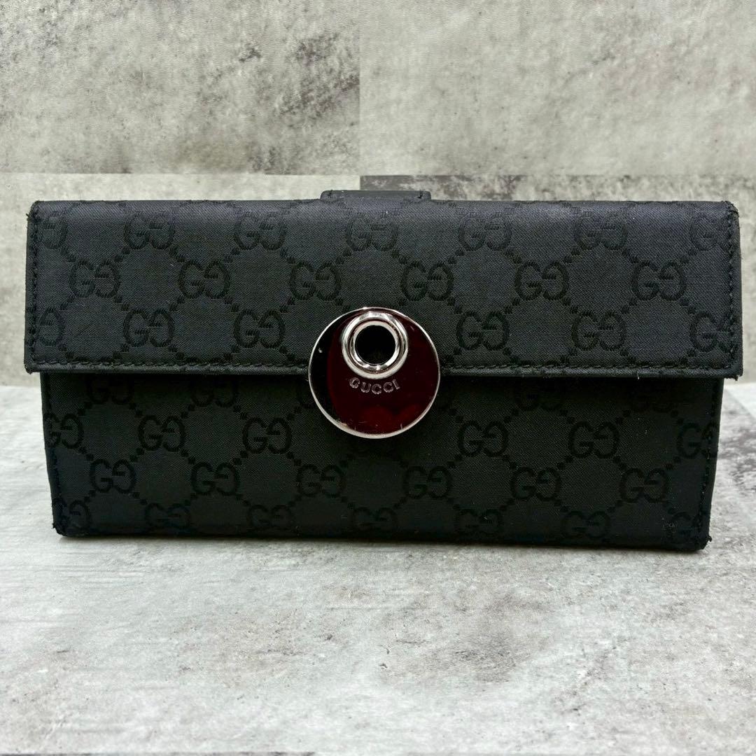 美品 グッチ GGキャンバス Wホック 長財布 折り財布 金具 型押し ブラック