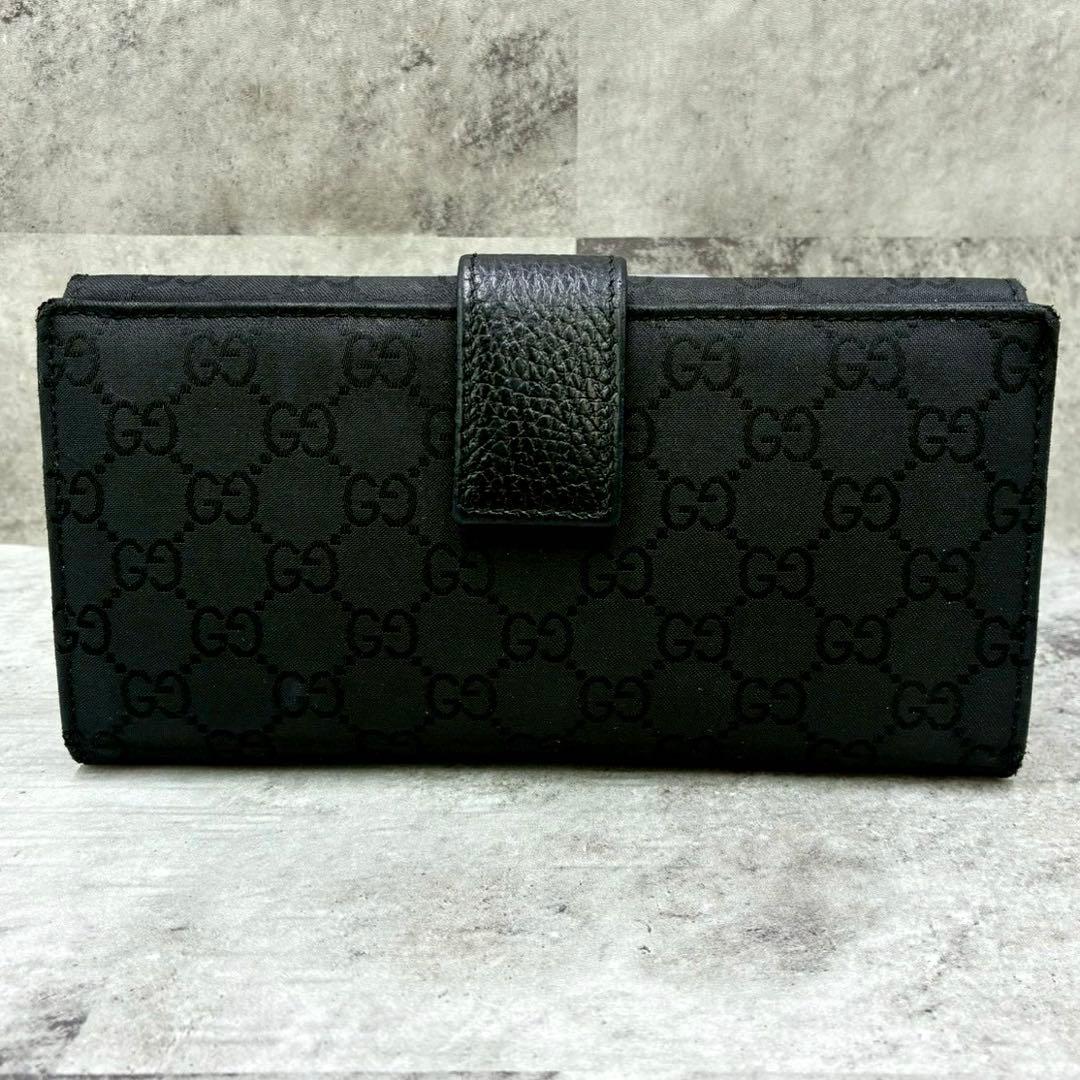美品 グッチ GGキャンバス Wホック 長財布 折り財布 金具 型押し ブラック