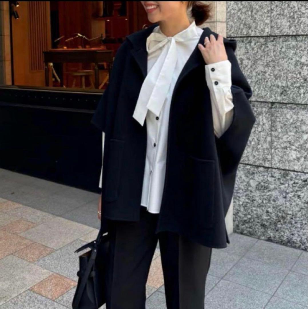 美品 OHGA オーガ 24AW リバーポンチョ ウール ケープコート ブラック