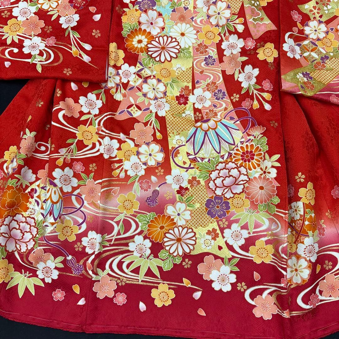 新品正絹産着（お祝着）最高級京友禅伝統多色染、豪華刺繍入り古典四季花王朝鈴流水文