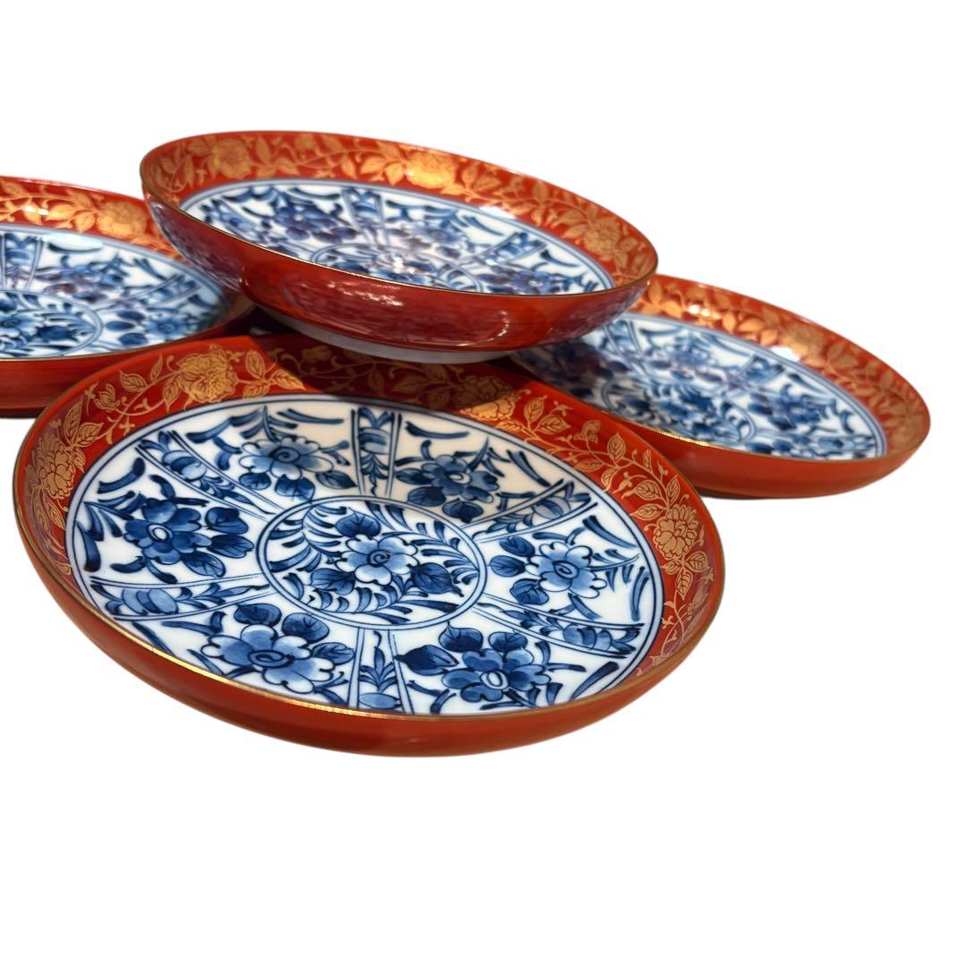 有田焼　大吉窯　金彩 染付 花文様 　中皿　5枚セット　古伊万里　銘々皿　赤絵