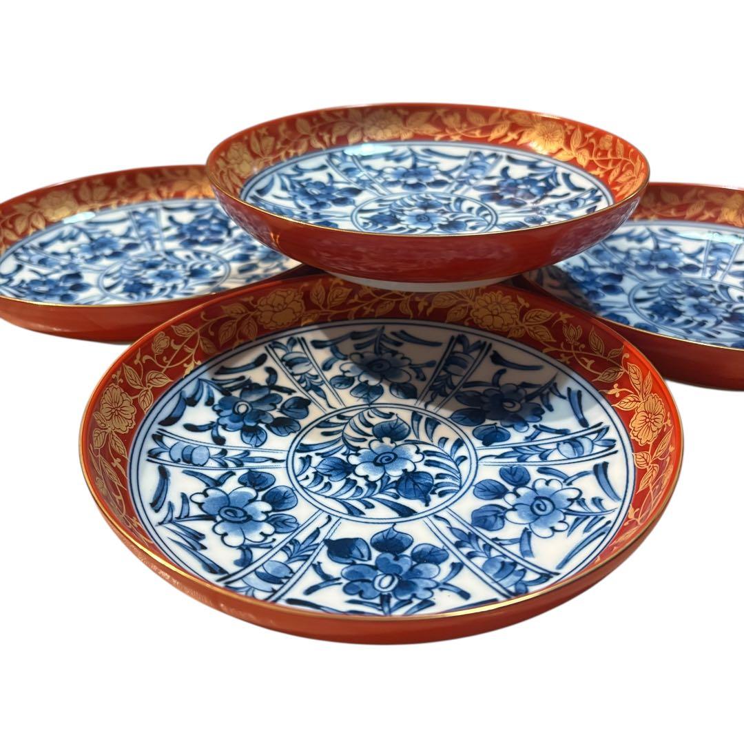 有田焼　大吉窯　金彩 染付 花文様 　中皿　5枚セット　古伊万里　銘々皿　赤絵