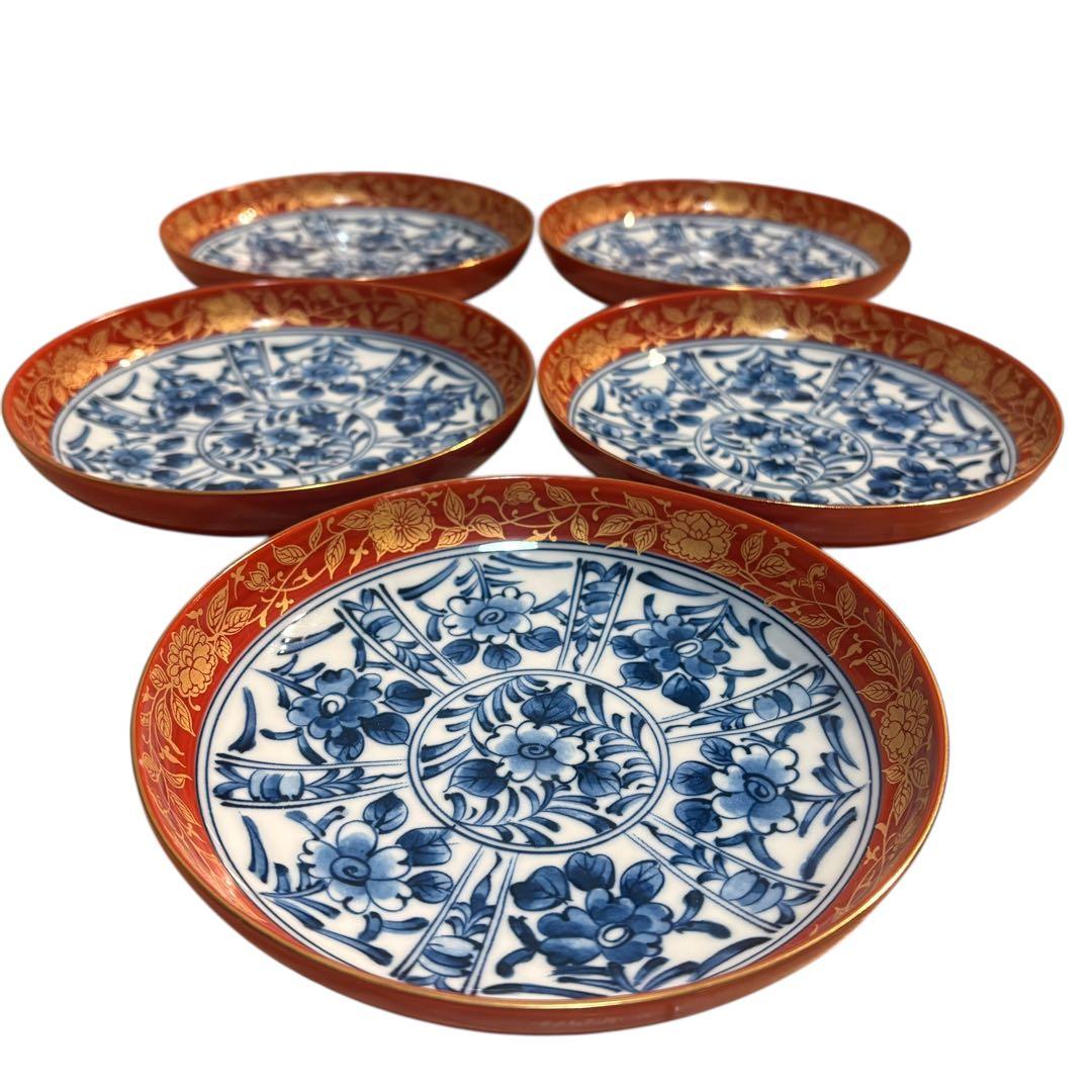 有田焼　大吉窯　金彩 染付 花文様 　中皿　5枚セット　古伊万里　銘々皿　赤絵