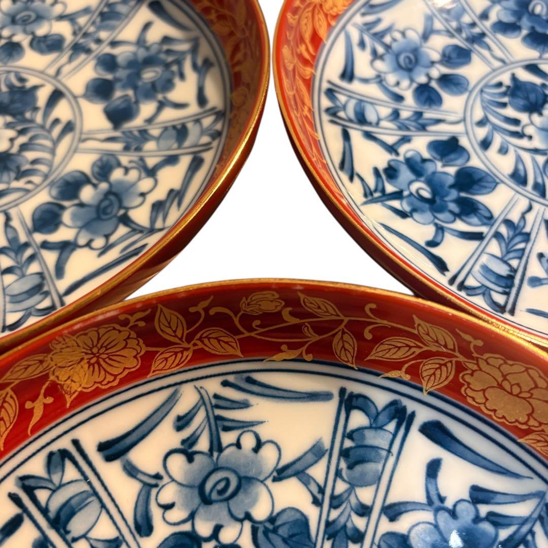 有田焼　大吉窯　金彩 染付 花文様 　中皿　5枚セット　古伊万里　銘々皿　赤絵