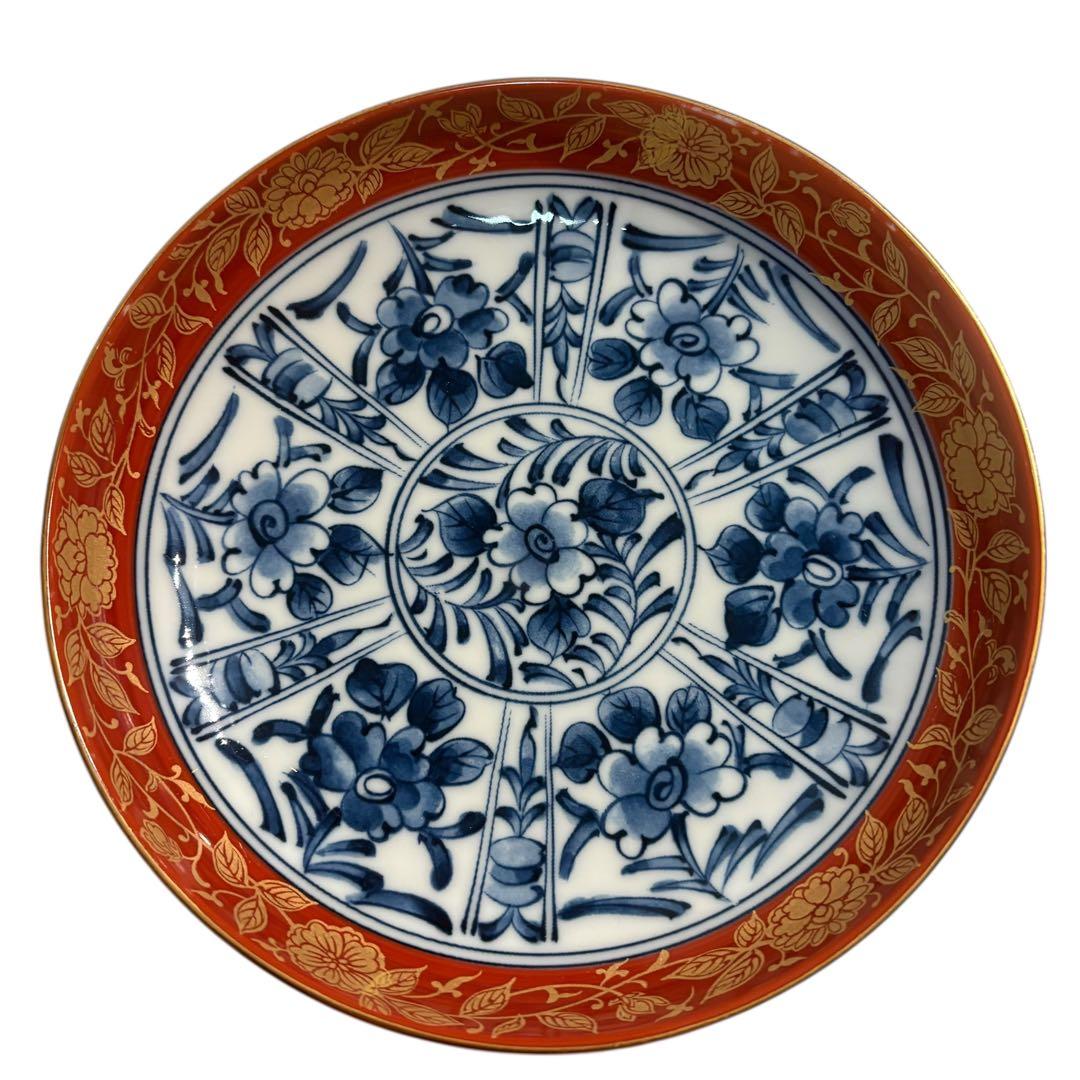 有田焼　大吉窯　金彩 染付 花文様 　中皿　5枚セット　古伊万里　銘々皿　赤絵