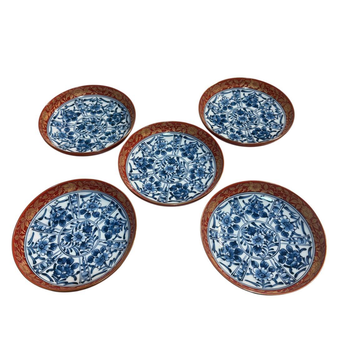 有田焼　大吉窯　金彩 染付 花文様 　中皿　5枚セット　古伊万里　銘々皿　赤絵