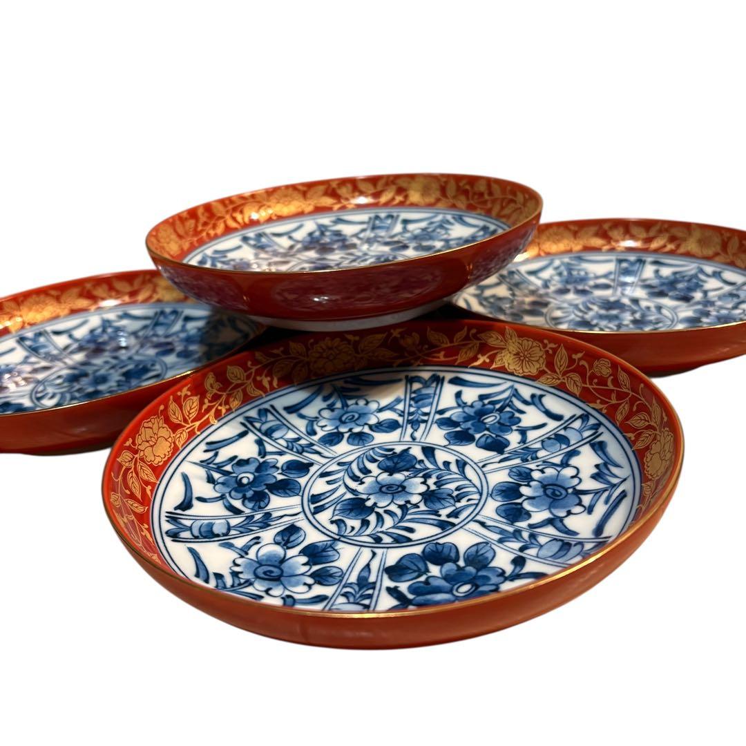 有田焼　大吉窯　金彩 染付 花文様 　中皿　5枚セット　古伊万里　銘々皿　赤絵