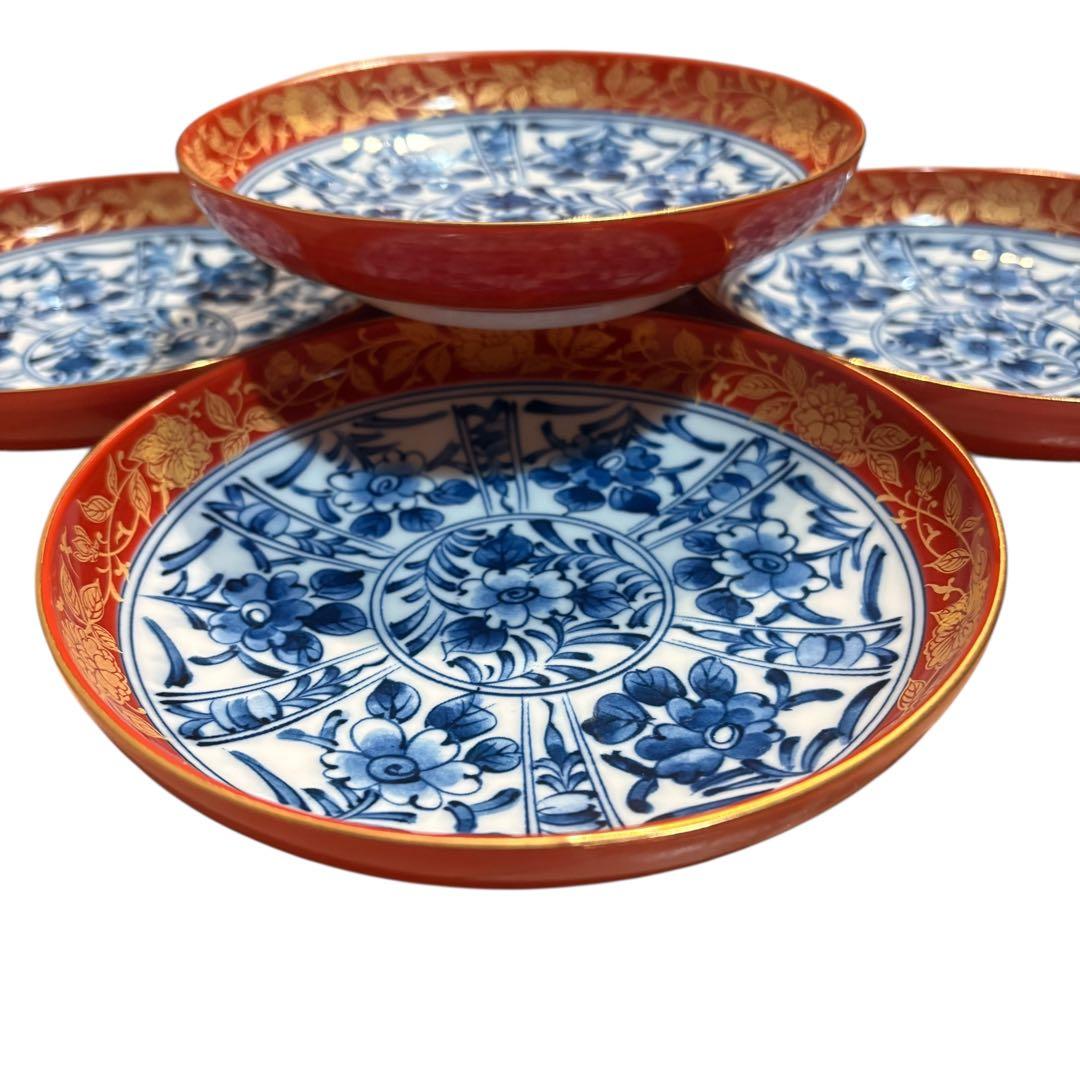 有田焼　大吉窯　金彩 染付 花文様 　中皿　5枚セット　古伊万里　銘々皿　赤絵