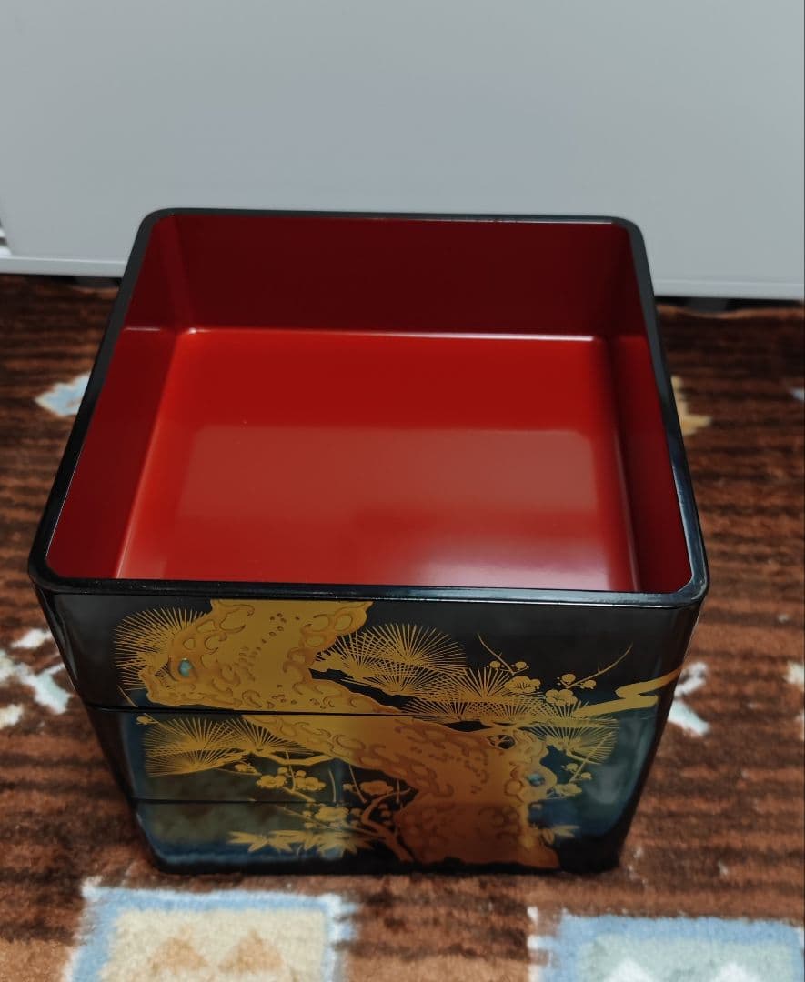 会津塗 三段重 屠蘇器 黒金松
