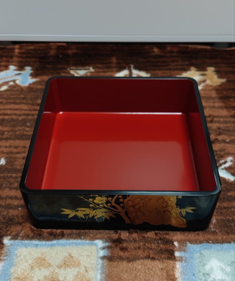 会津塗 三段重 屠蘇器 黒金松